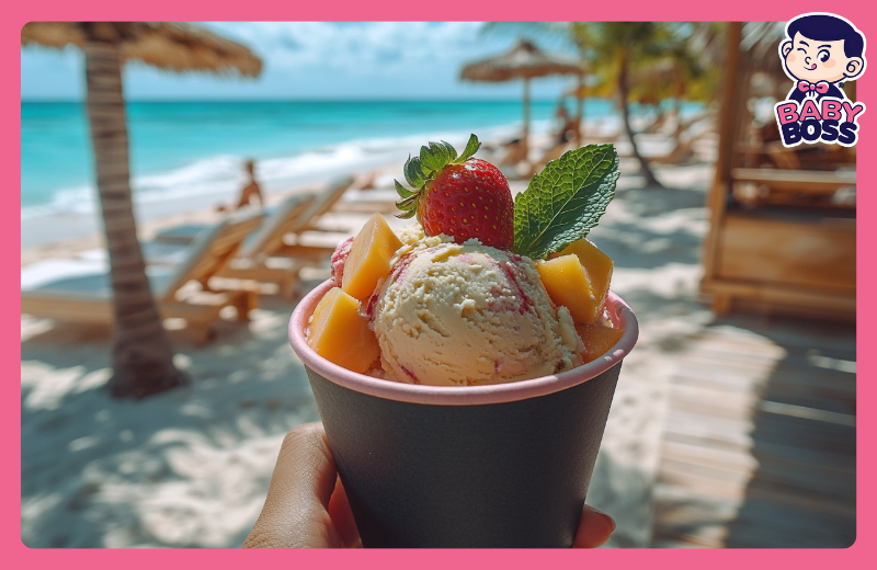 Du khách thưởng thức kem Ý Gelato Baby Boss tại resort ven biển