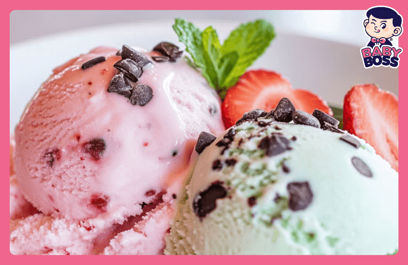 Strawberry Gelato combined with Mint Choc Chip Gelato