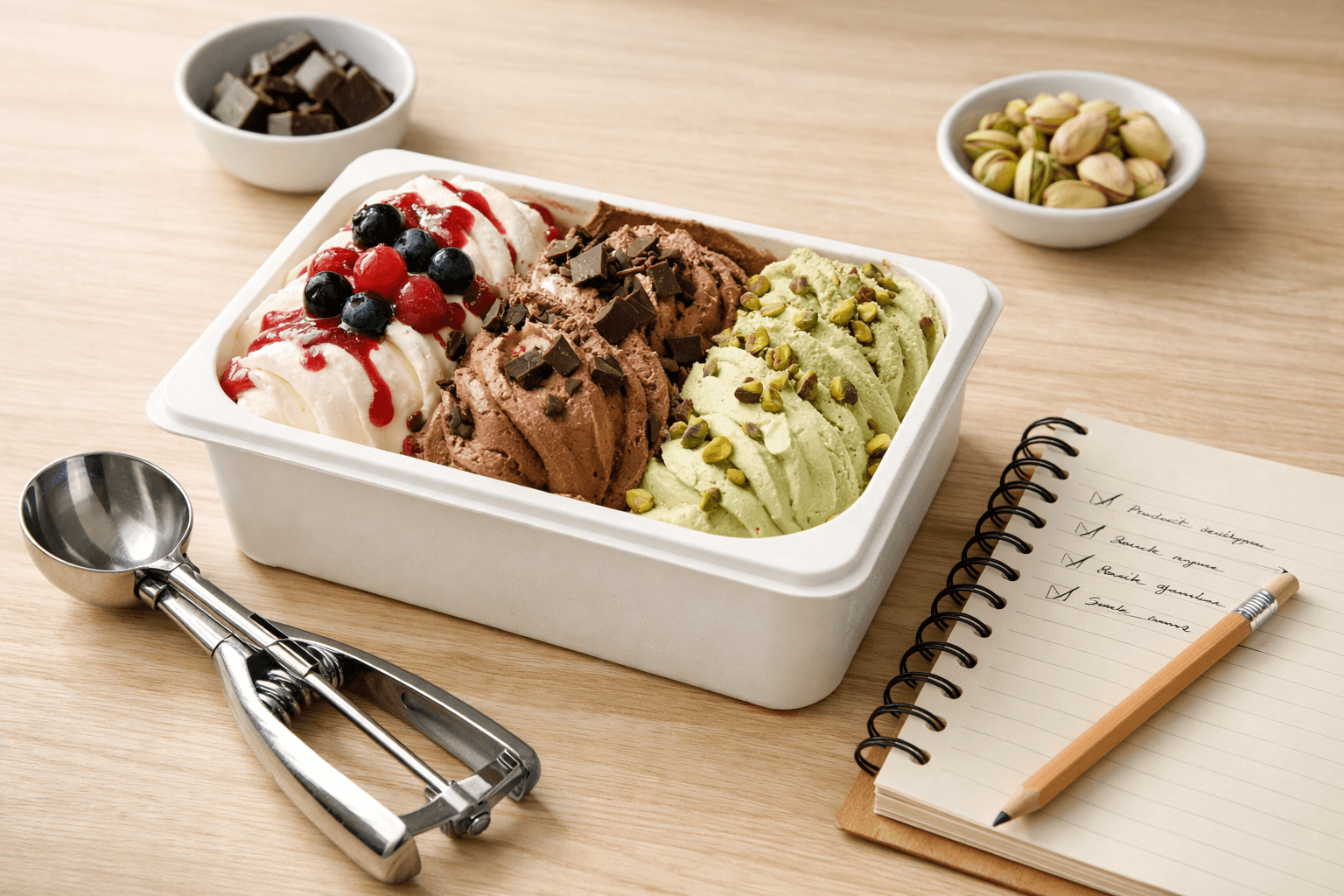 Hộp kem gelato và sổ ghi chú kế hoạch sản phẩm trên bàn sáng màu