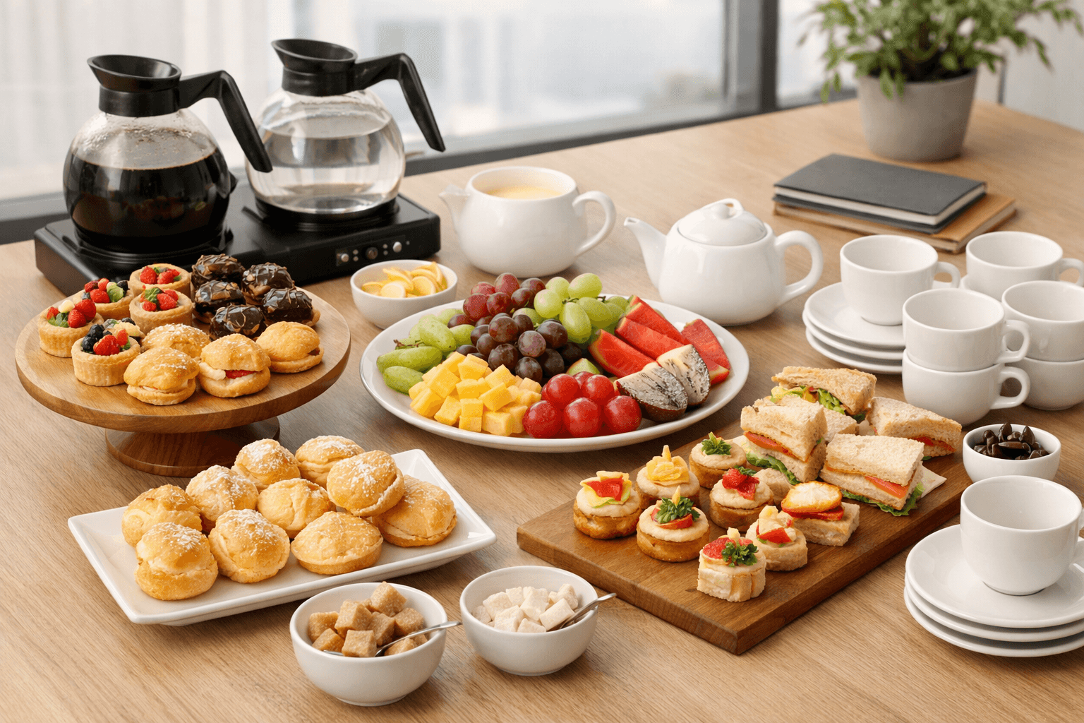 Quầy teabreak 20/10 gọn gàng trong văn phòng với bánh, trái cây, trà và cà phê