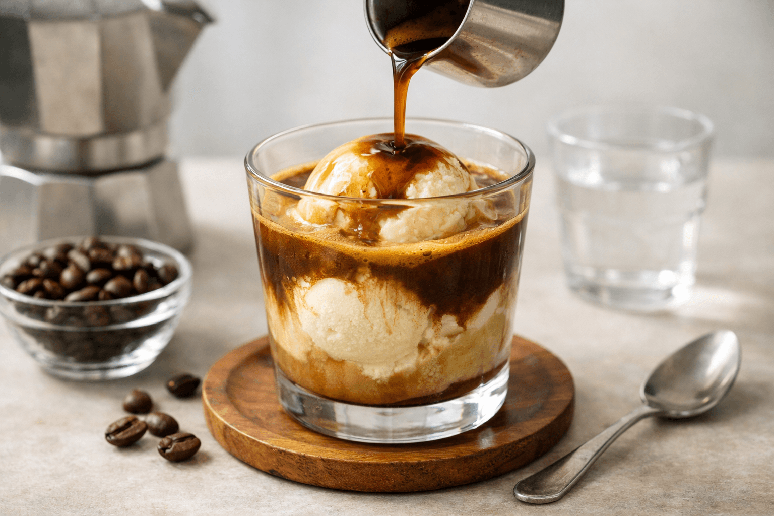 Ly affogato với gelato và espresso vừa rót