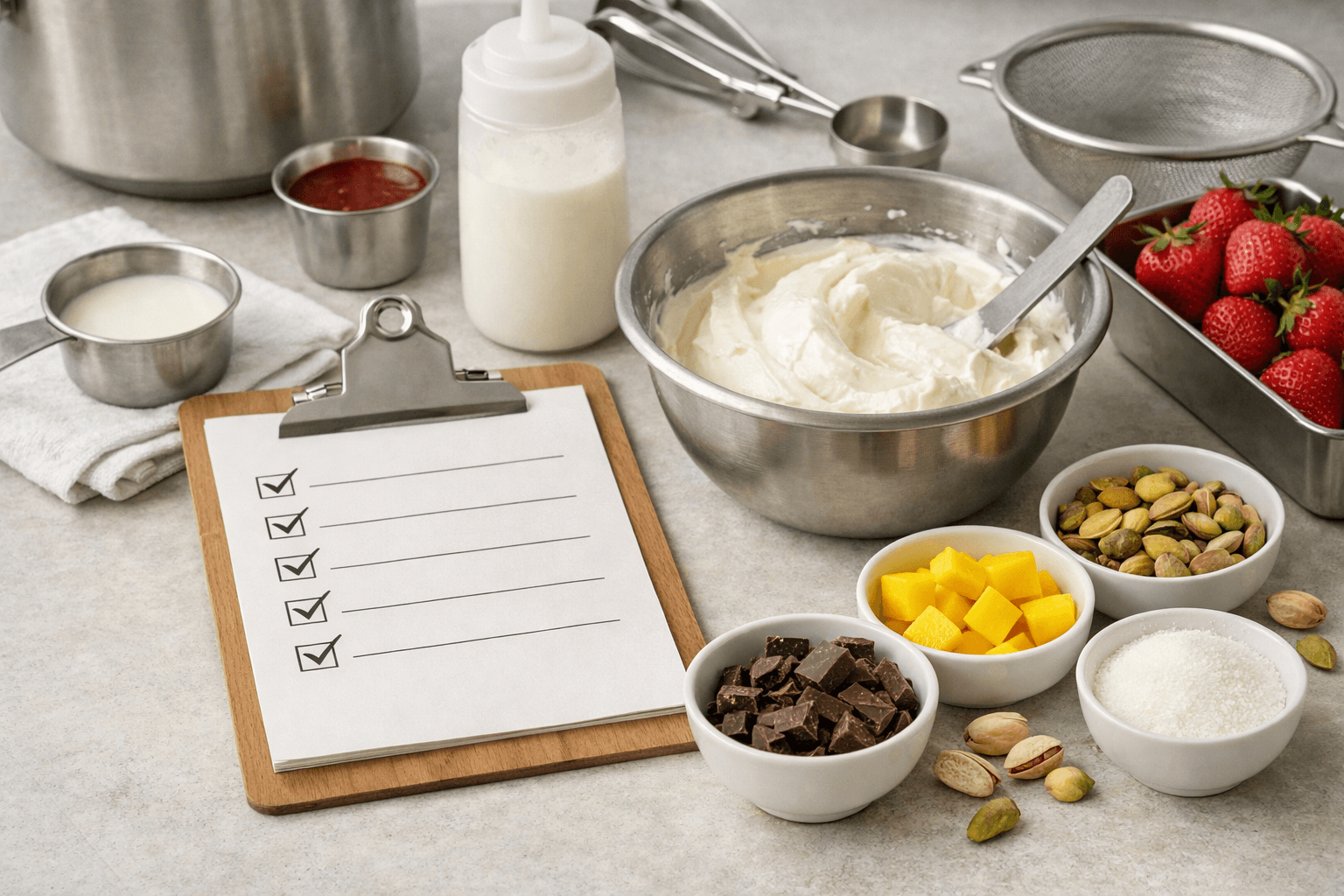 Bảng checklist năm mục đặt cạnh khu vực pha chế gelato sạch