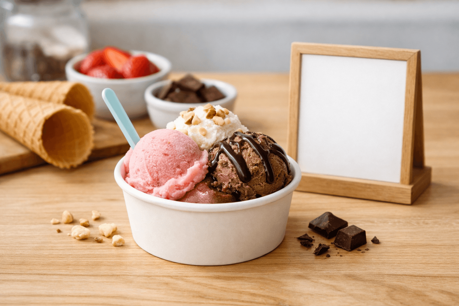 Phần kem gelato trên bàn gỗ cạnh bảng giá tối giản