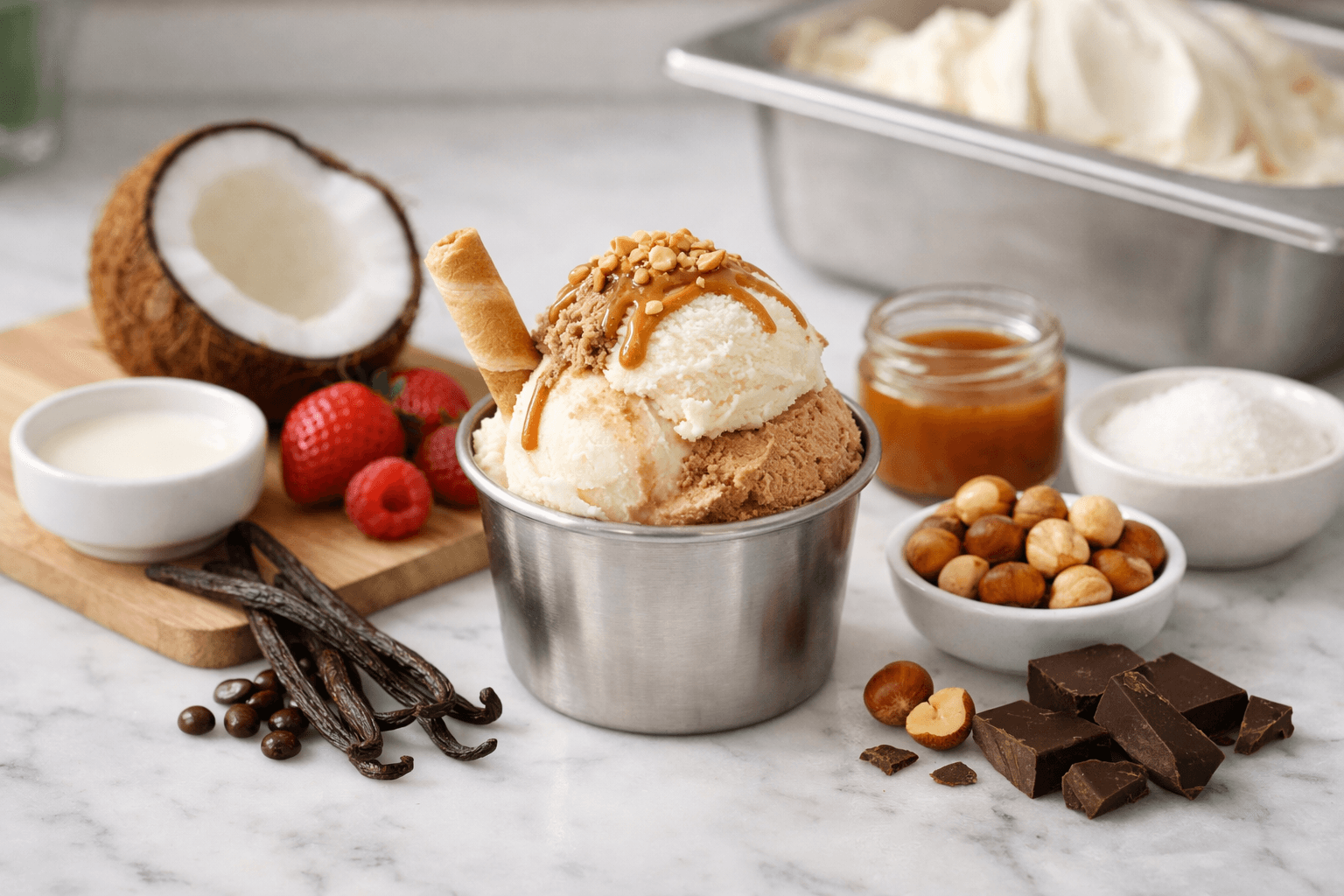 Ly gelato và nguyên liệu trên quầy sạch, gợi liên tưởng đến tiêu chuẩn thực phẩm quốc tế.