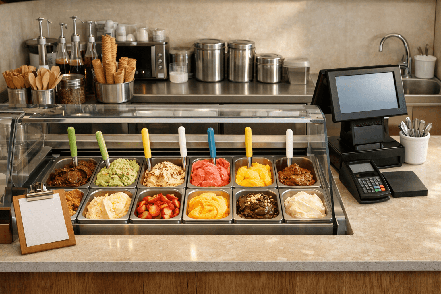 Góc quầy kem Gelato với khu vực order, múc kem và thanh toán trong cùng bố cục