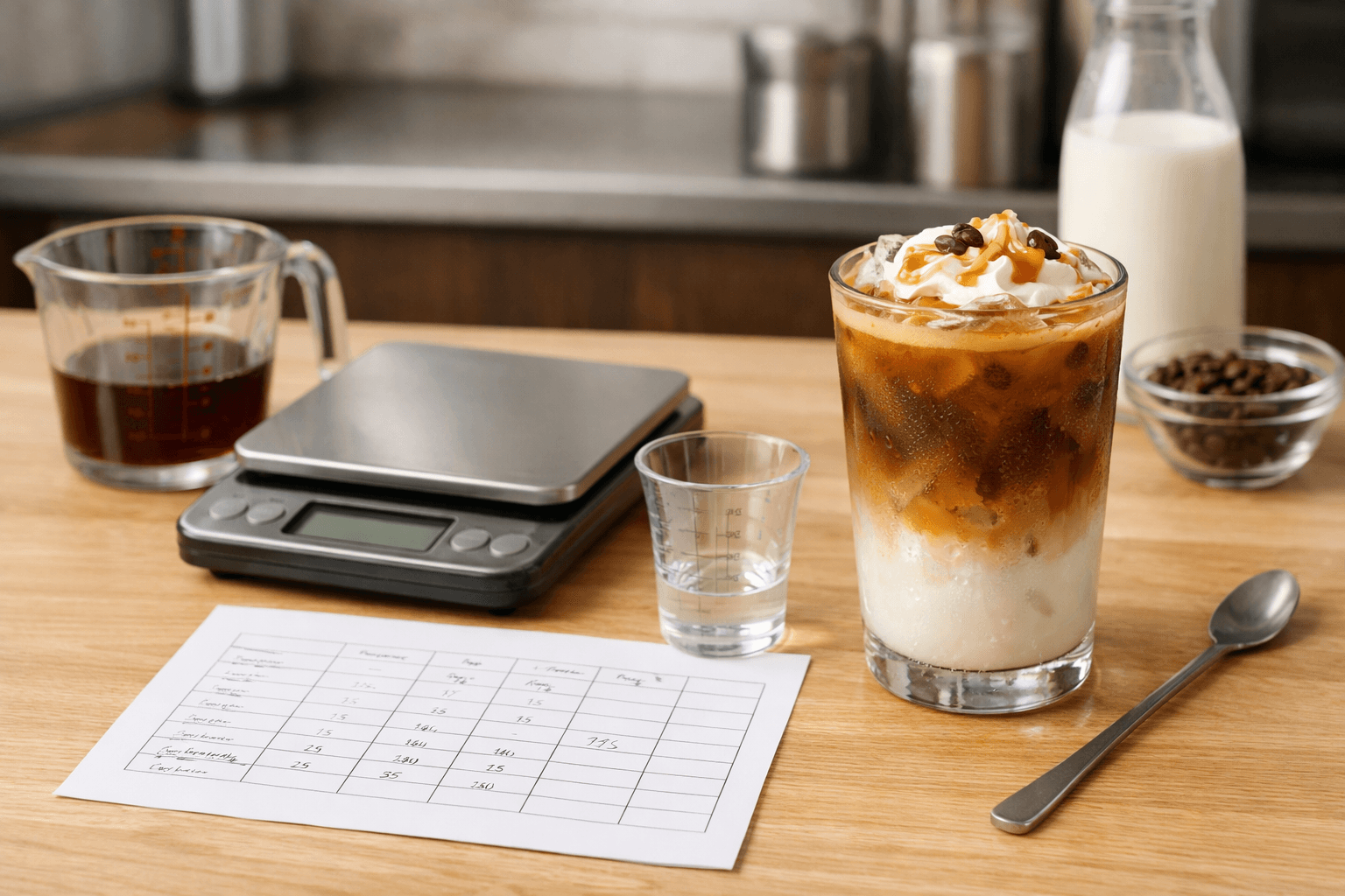 Cold beverage recipe sheet with electronic scales and beverage-making tools