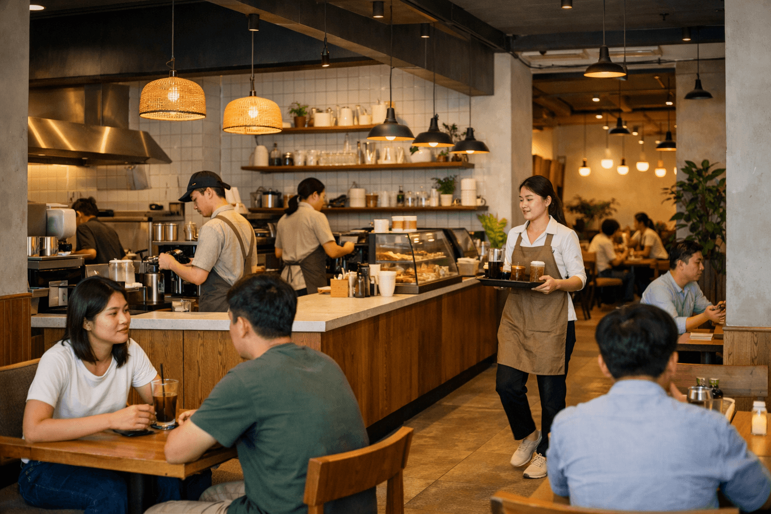 Không gian F&B với quầy phục vụ và khu vực khách ngồi