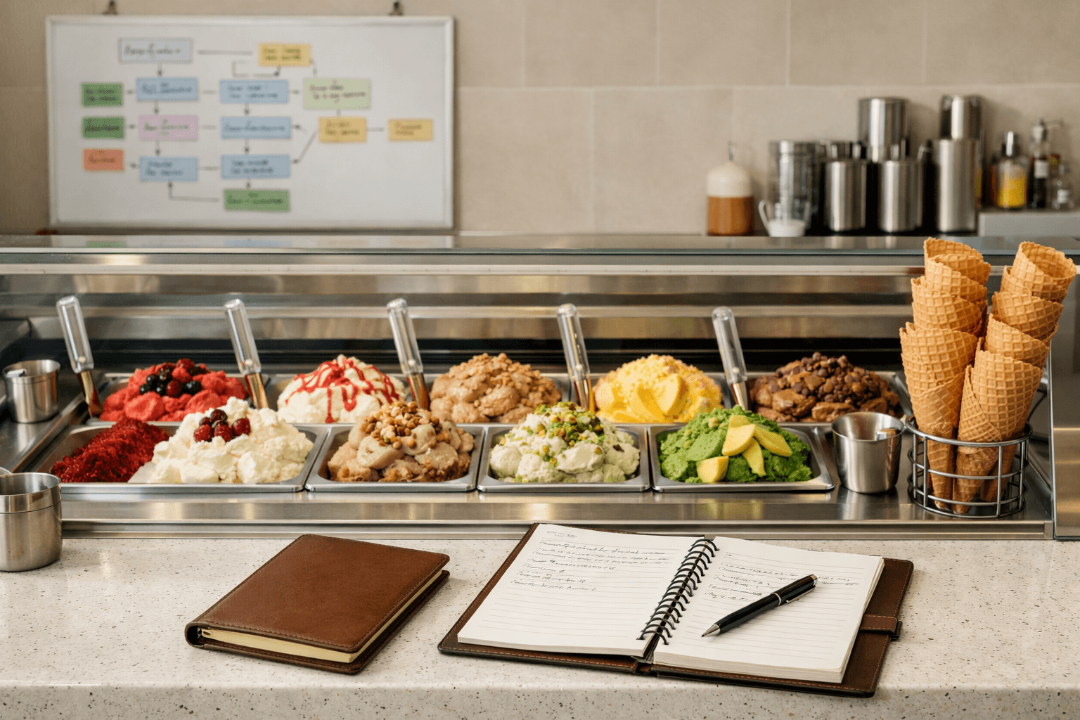 Quầy Gelato có bảng quy trình và sổ bàn giao đặt trên quầy