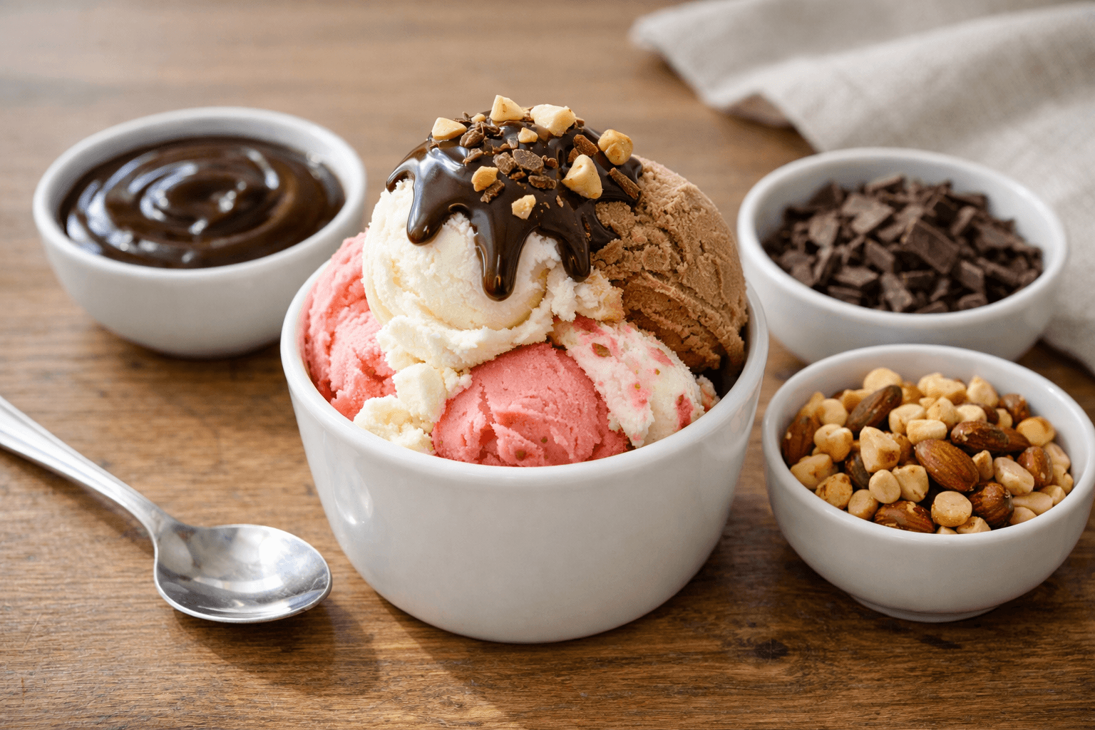 Ly gelato với sốt chocolate, vụn chocolate và hạt rang đặt riêng để chọn topping