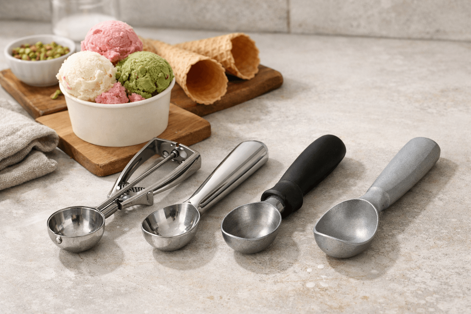 The ice cream scoops are placed beside the gelato cup for comparison.