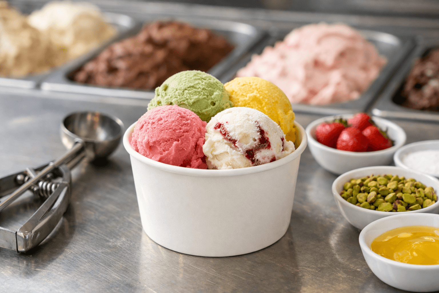 Ly gelato nhiều màu trên quầy trưng bày tối giản, gợi góc nhìn thị trường dành cho thương hiệu kem