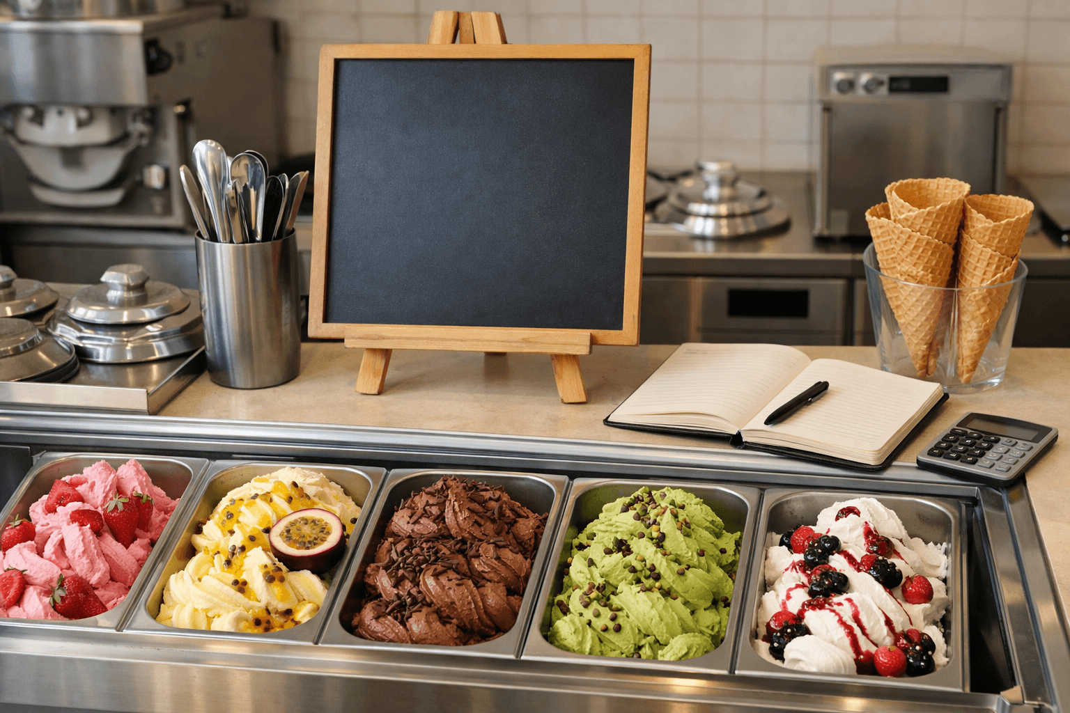 Quầy kem Ý Gelato với bảng menu và sổ ghi chép chuẩn bị xây dựng menu