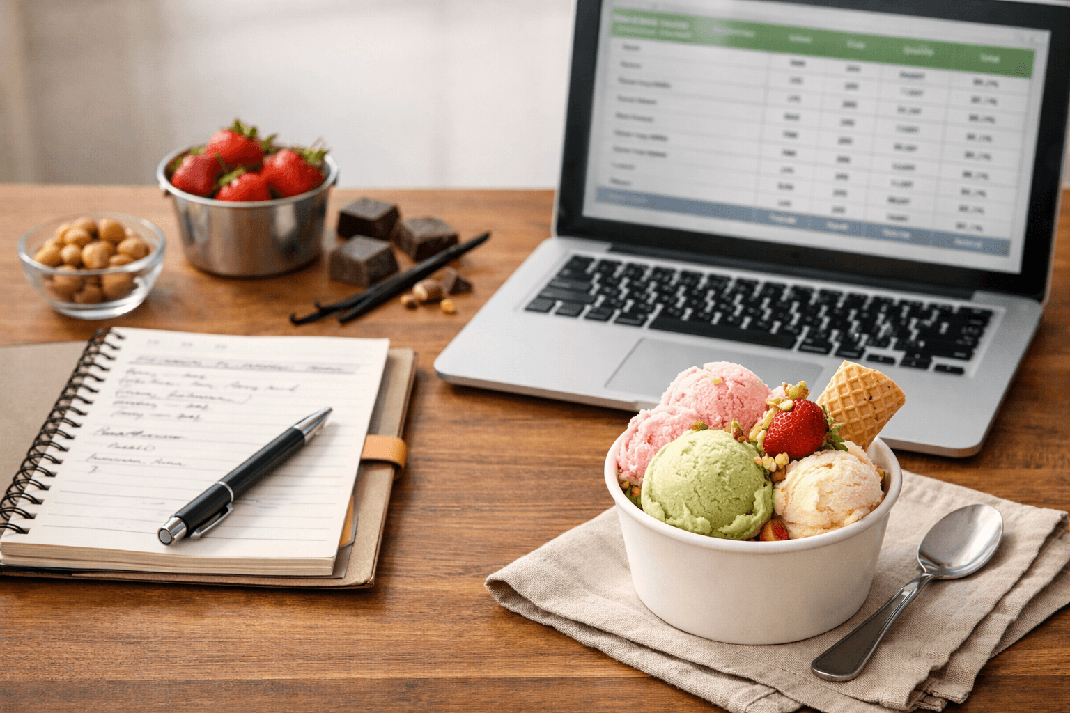 Bàn lập bảng chi phí và kịch bản tài chính cho quầy kem Gelato