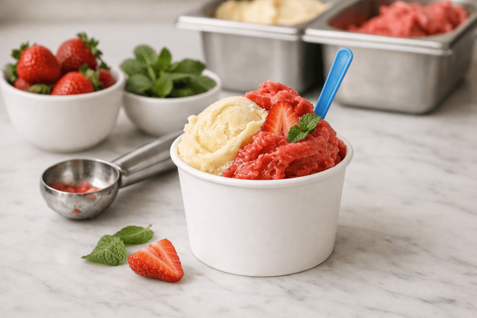 Phần gelato trong ly giấy bên cạnh dụng cụ phục vụ sạch
