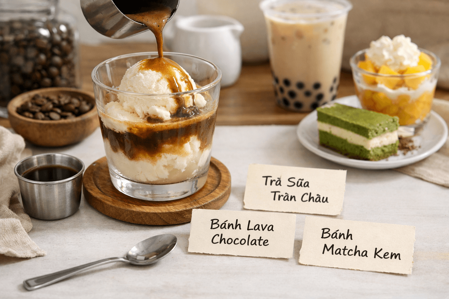 Bàn pha chế tại nhà với ly affogato và ghi chú về các món hot trend