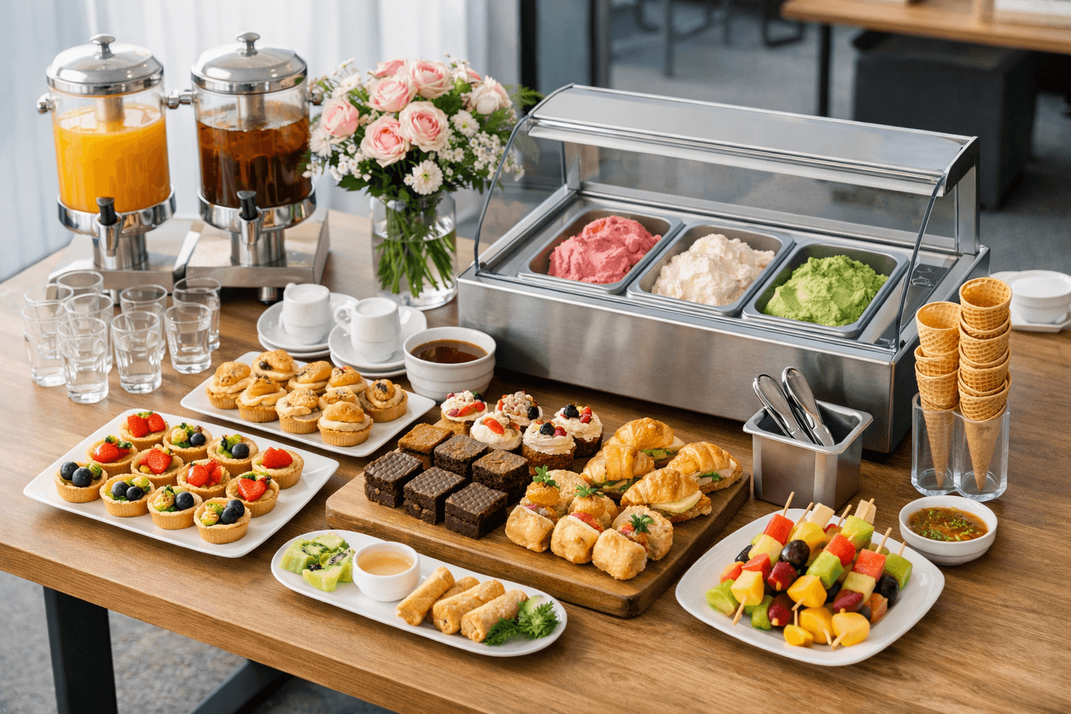 Bàn teabreak 20/10 tại văn phòng có hoa, đồ uống và khu vực Gelato