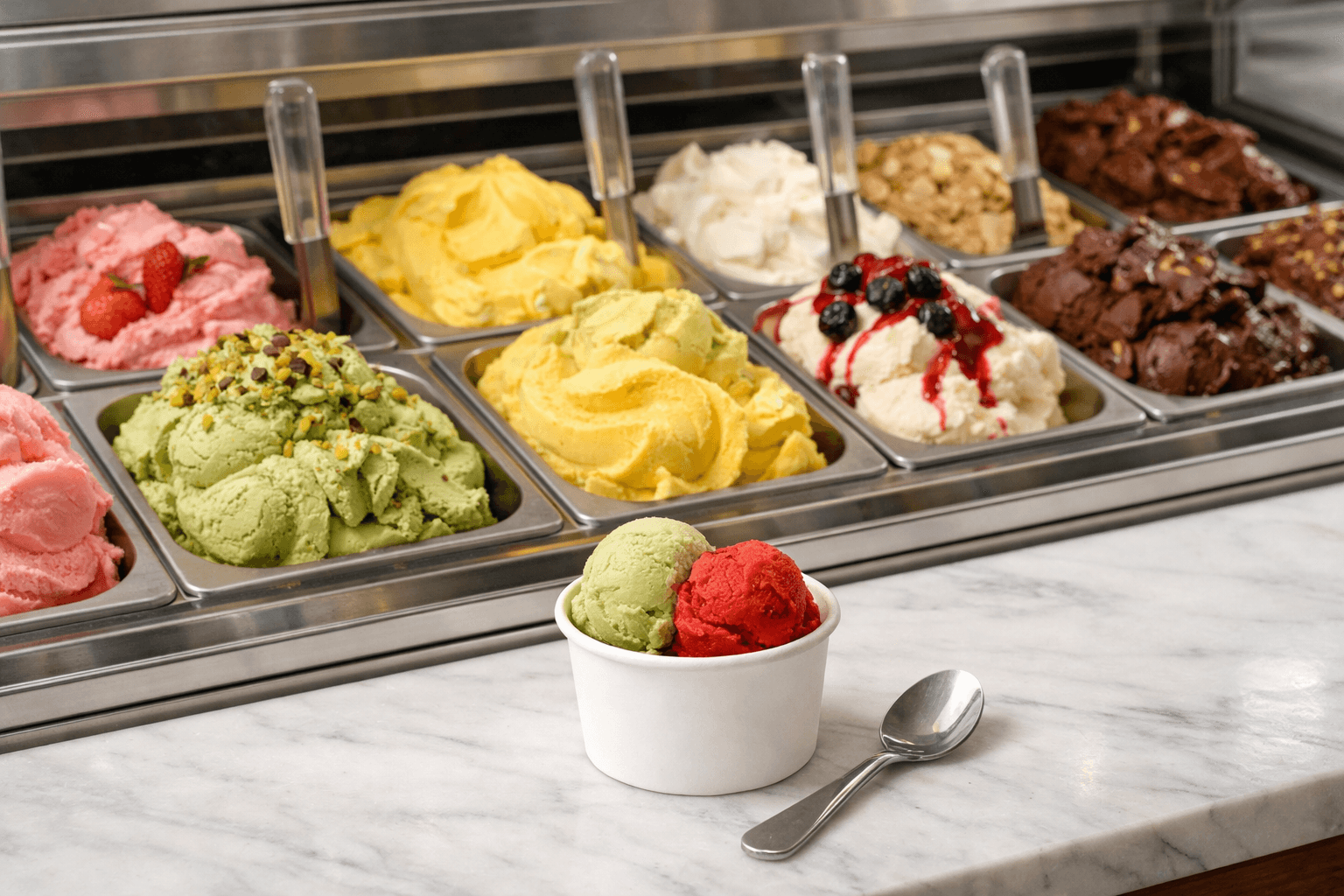 Khay gelato nhiều màu trong tủ trưng bày cùng cốc và muỗng