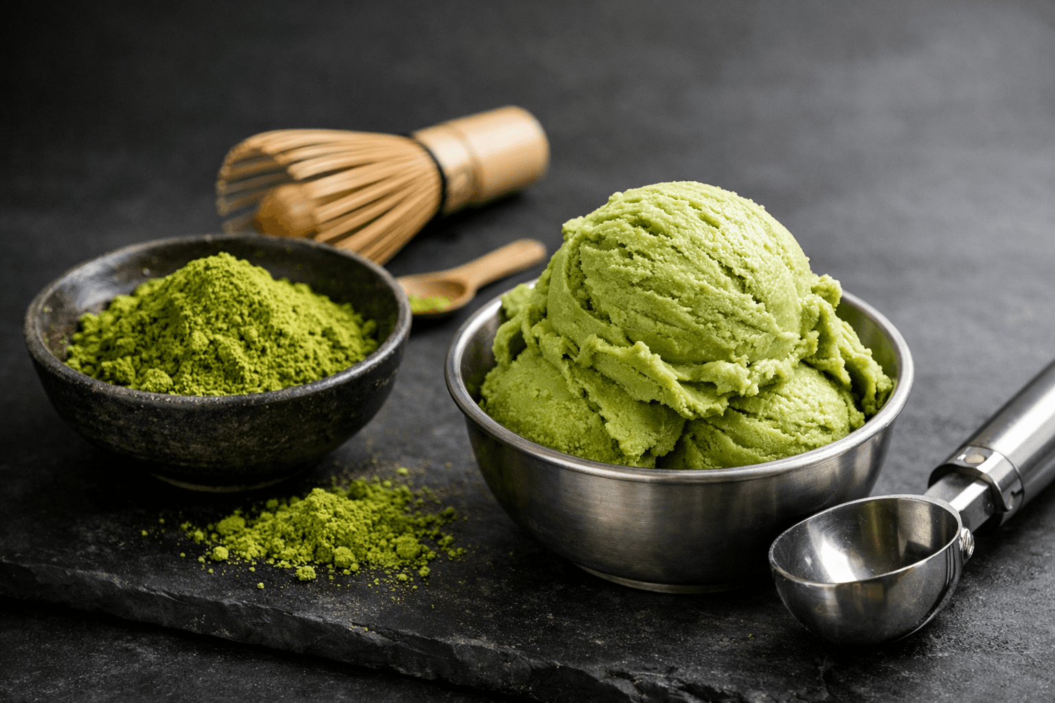 Gelato matcha bên cạnh bột trà xanh và dụng cụ đánh trà