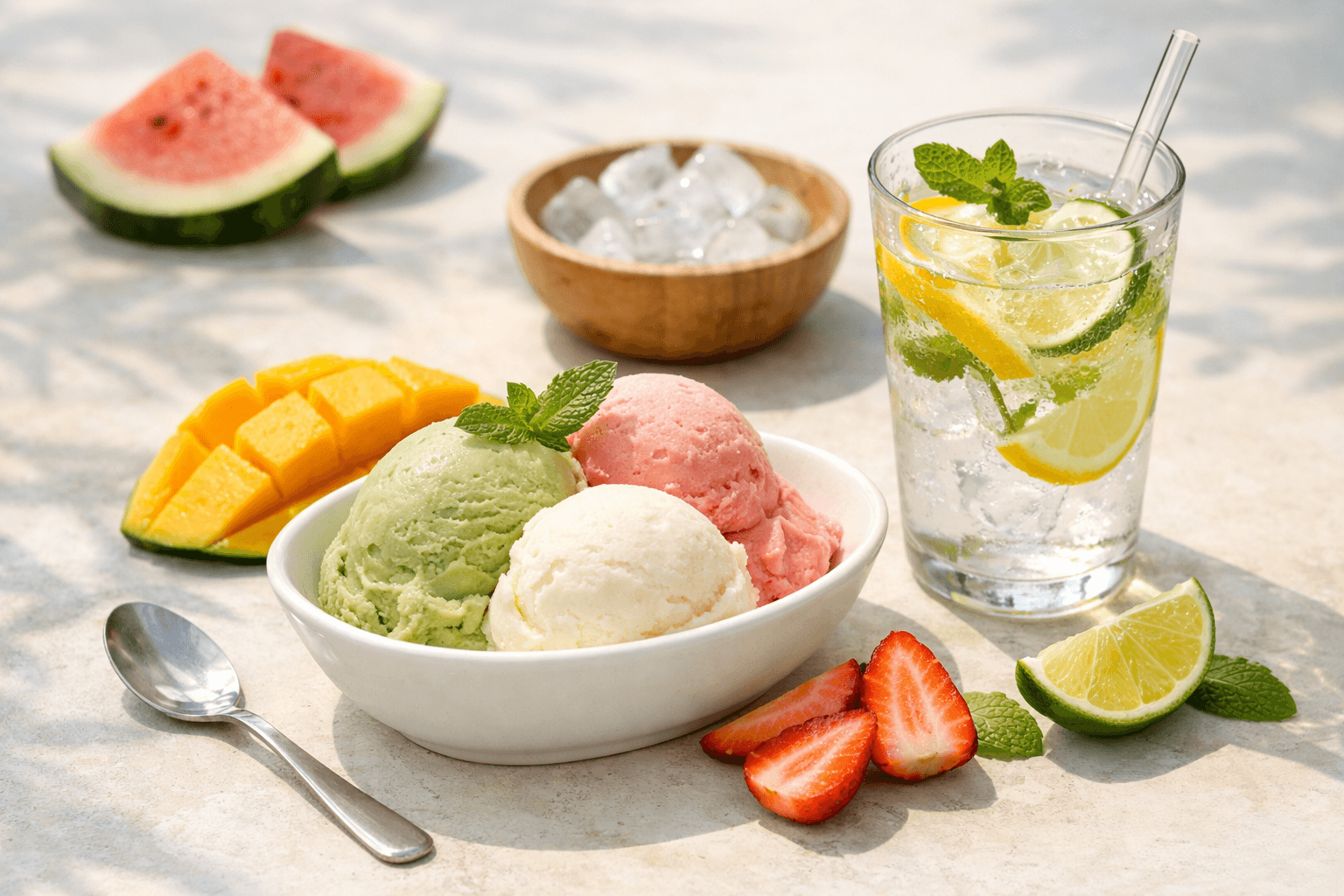 Phần gelato mùa hè ăn cùng trái cây tươi và nước mát