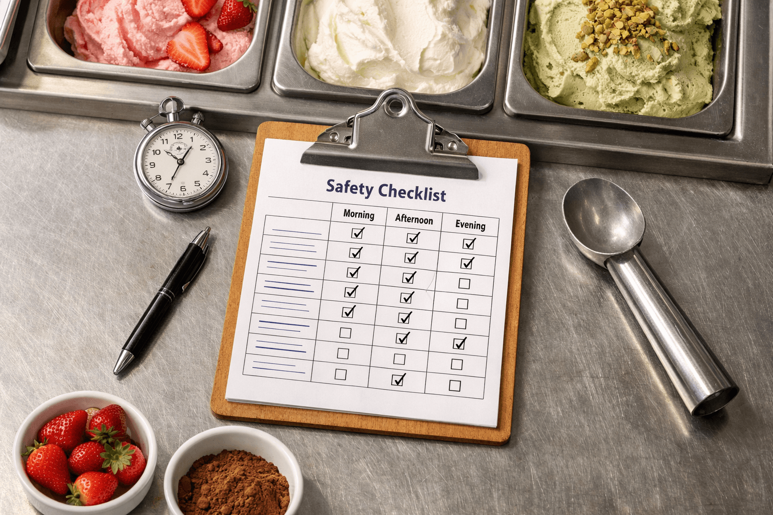 Bảng checklist an toàn thực phẩm đặt trên quầy gelato