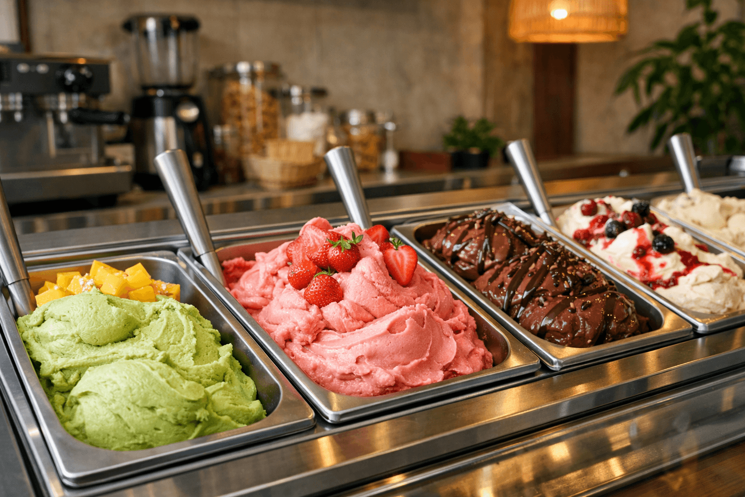 Quầy gelato trong cửa hàng Việt Nam với nhiều khay kem màu sắc