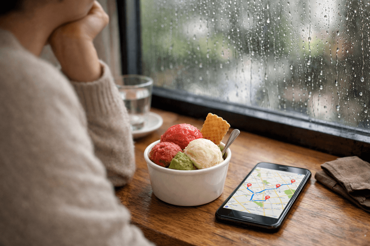 Người dùng gelato bên cửa sổ trong ngày mưa và kiểm tra lộ trình trên điện thoại