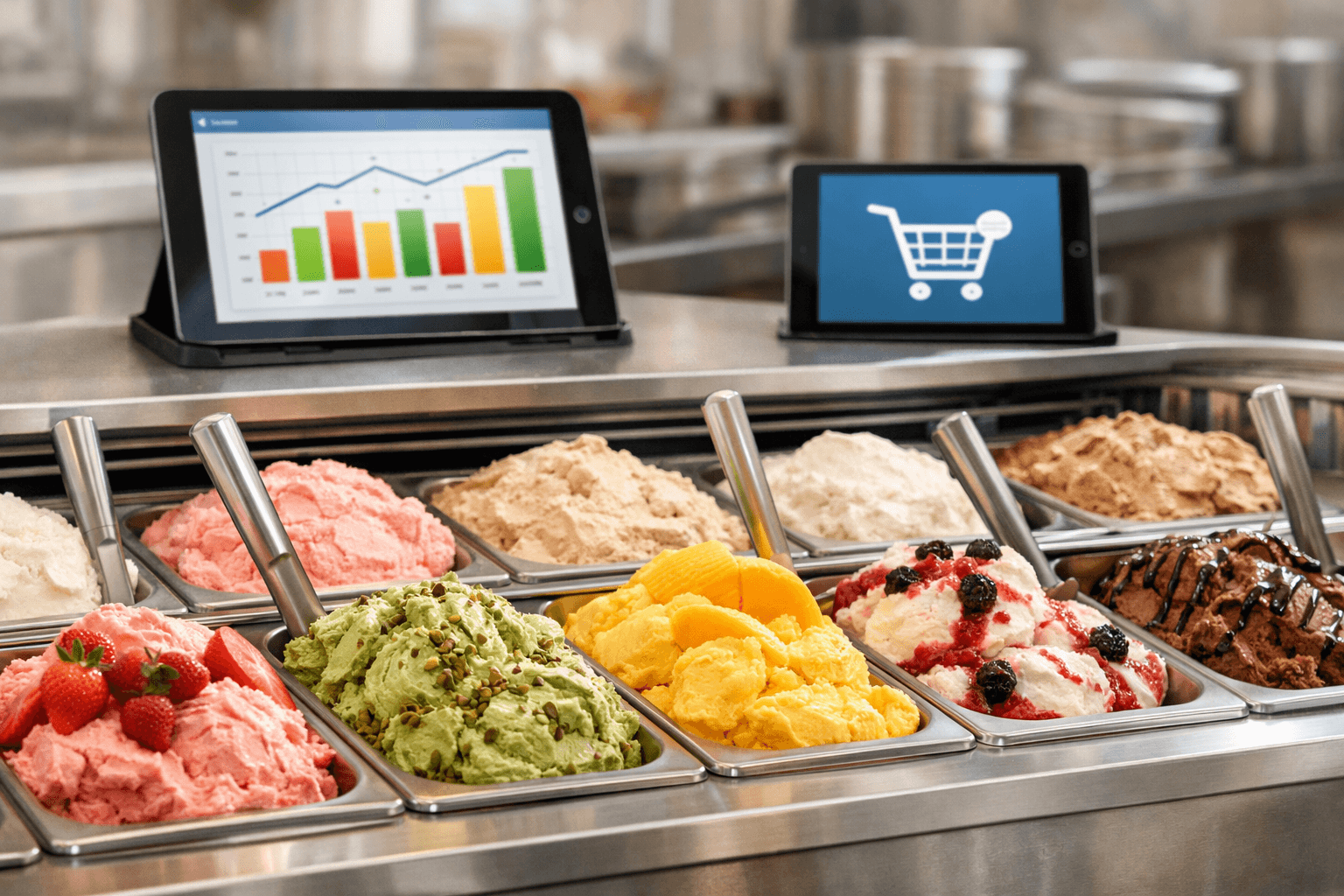 Quầy gelato và màn hình theo dõi dữ liệu bán hàng trực tuyến trong thị trường nội địa 2026