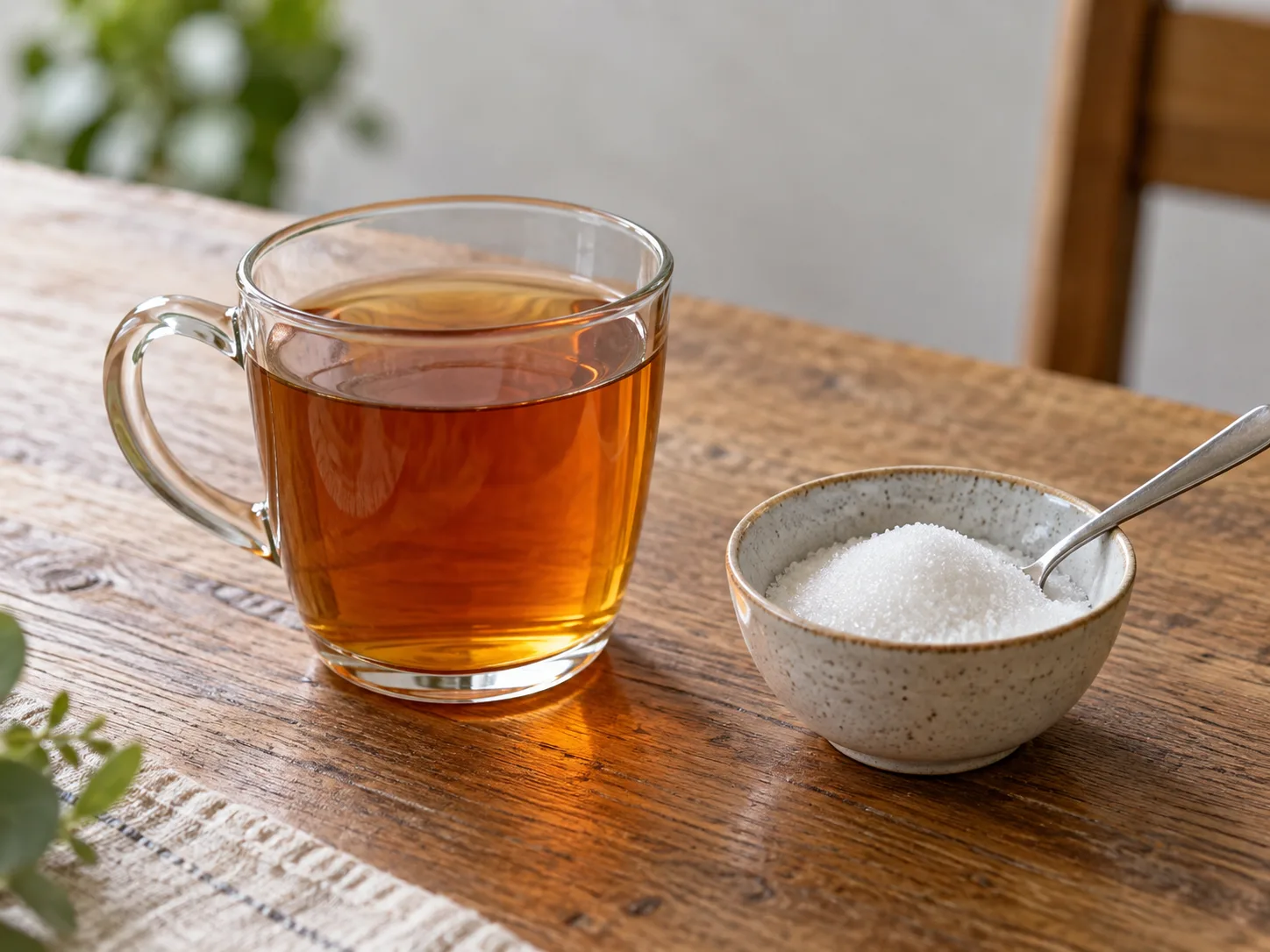 A cup of tea and sugar on a table, AI-generated illustration